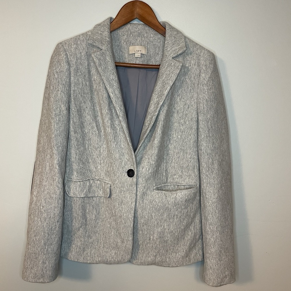 LOFT Herringbone Knit Blazer Jacket Grey Elbow Patches Size 4 Office - Picture 2 of 6